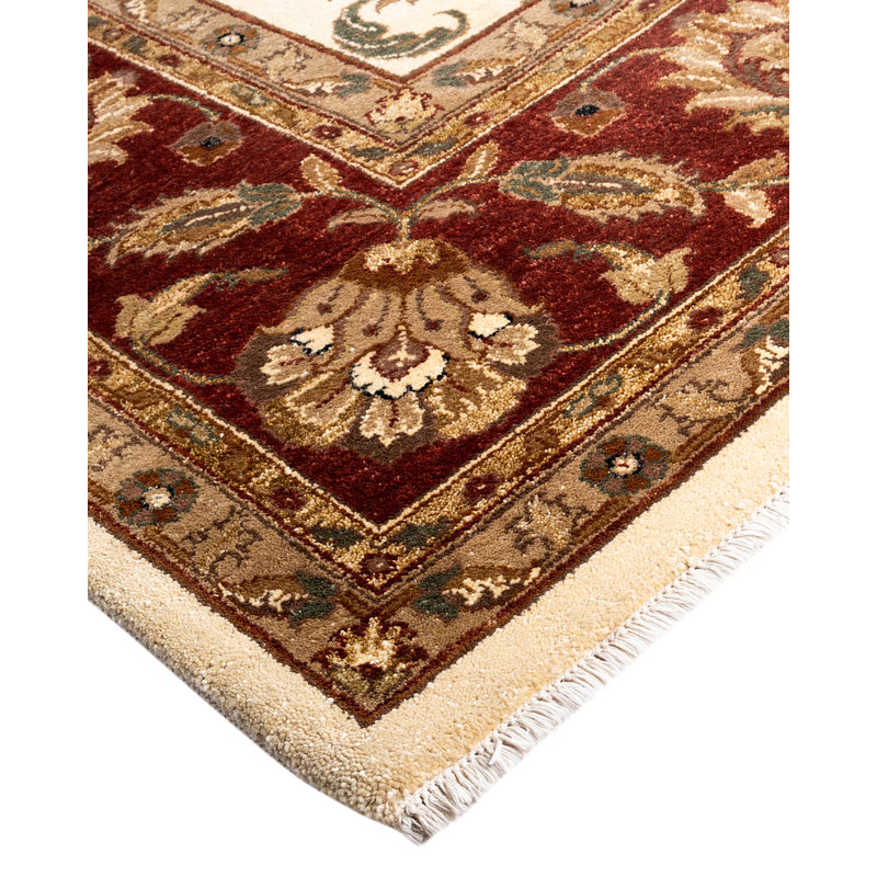 Ivory and Red Hand-Knotted Wool Rectangular Area Rug