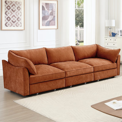 Chenille orange à 3 places, accoudoir intégré et rangement coulissant pour le salon en tissu, accoudoir, solution