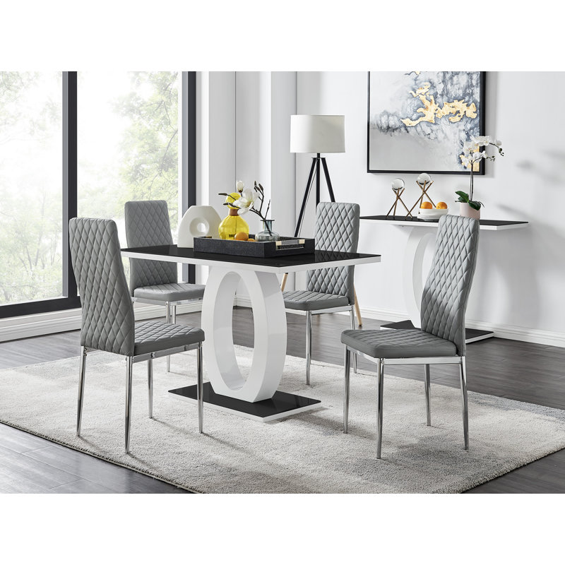 Scottsmoor High Gloss Halo Dining Table Set & 4 Luxury Faux Leather Dining Chairs - Modern Design, Grey/Silver