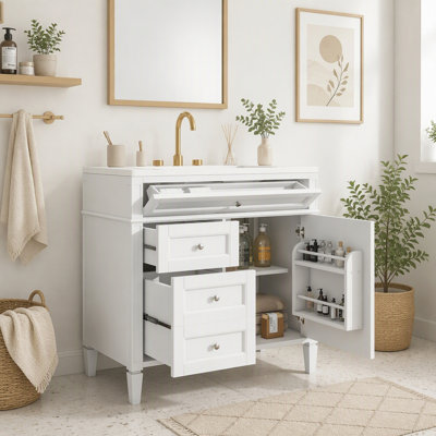 Meuble-lavabo de 91 cm (36 po) avec lavabo en céramique, meuble autoportant avec 2 tiroirs et un tiroir basculant, structure en bois massif et MDF, style rétro, bleu