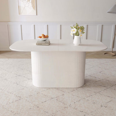 63" Cream MDF Dining Table – Wave-Carved Round Legs, Seats 4-8