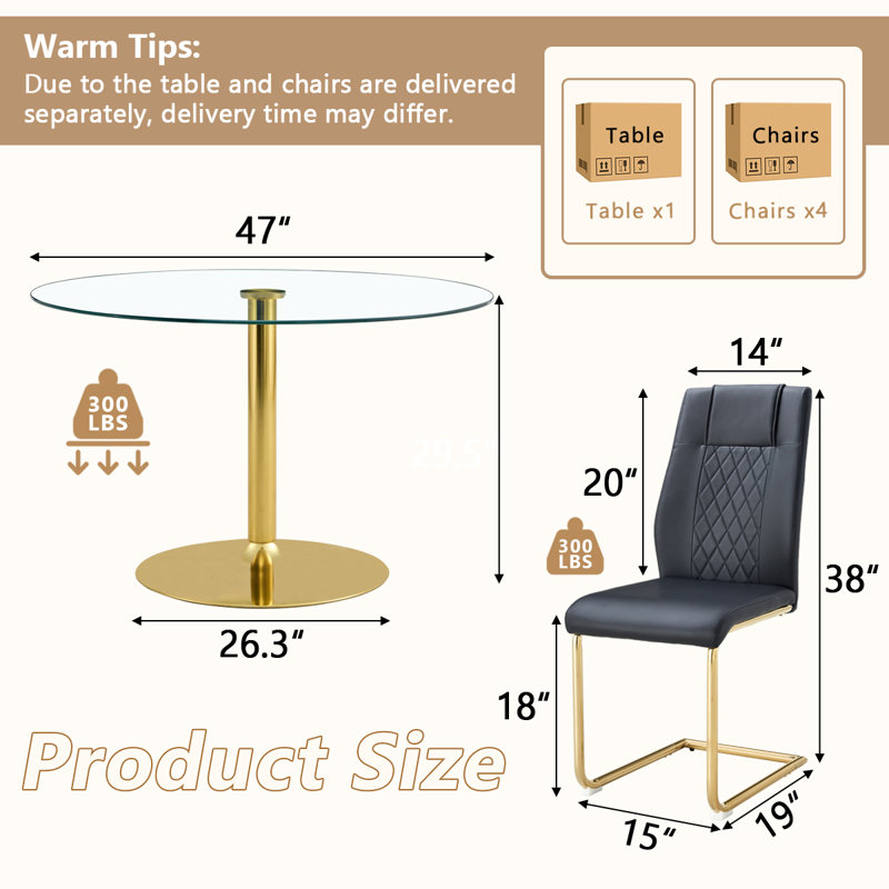 5 - Piece Pedestal Dining Set, 29.5" H x 47" L x 47" W, Black