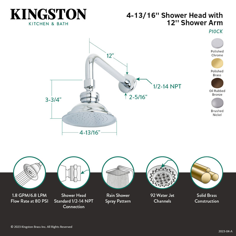 Pomme de douche ronde en laiton 4/13 po Kingston avec bras de douche 12 po Kingston, Chrome poli