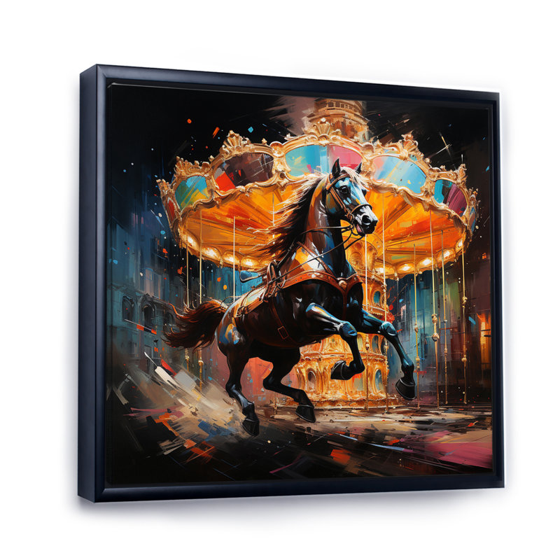 Carrousel Horses II - reproduction sur toile, Cadre flottant noir, H 30 po x l 30 po x P 1 po
