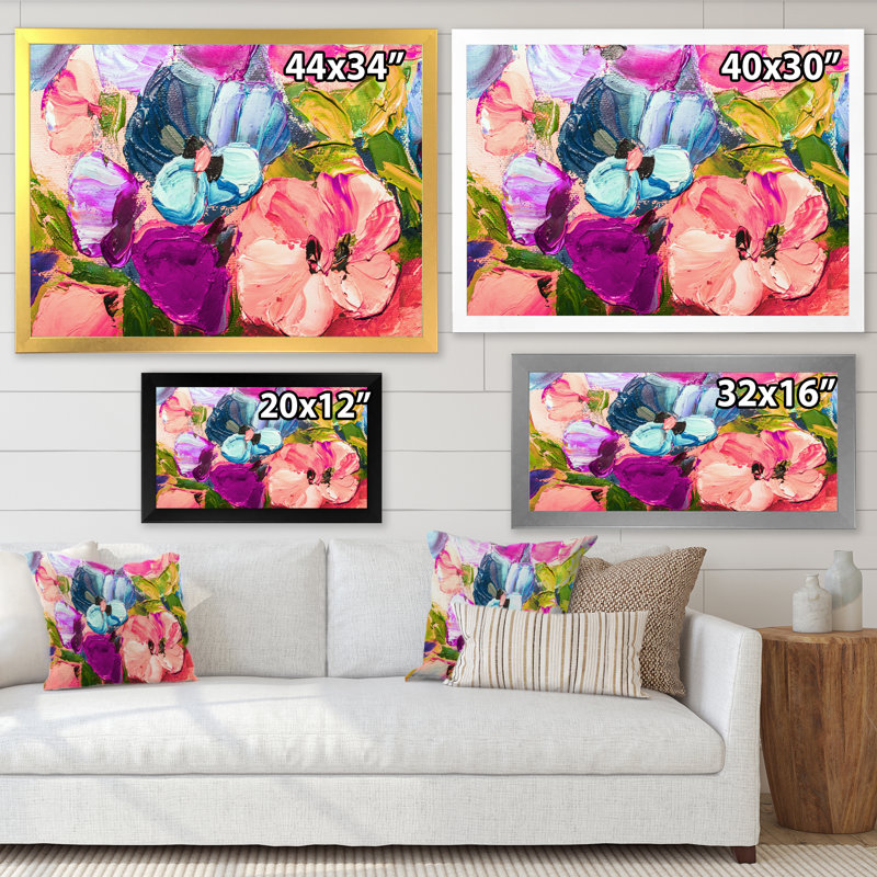 Fleurs colorées roses mauves - œuvre d'art traditionnelle sur toile, H 8 po x l 12 po x P 1 po, Cadre photo blanc