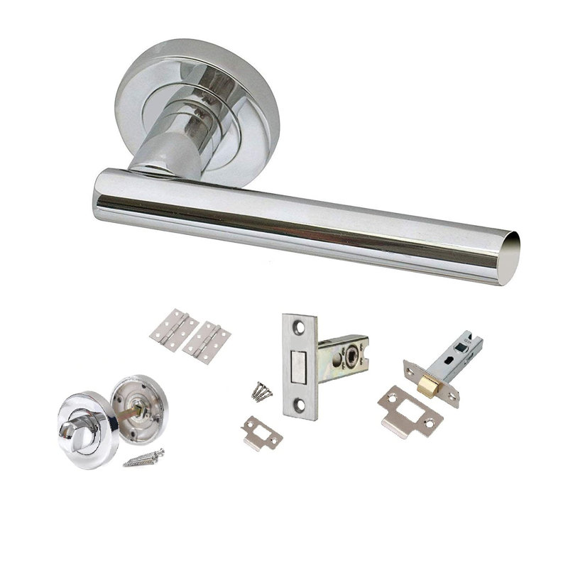 Golden Grace T-Bar Door Bathroom Toilet Handles on Round Rose in Polished Chrome with Dead Bolt, Thumbturn, Tubular Latch and Hinges