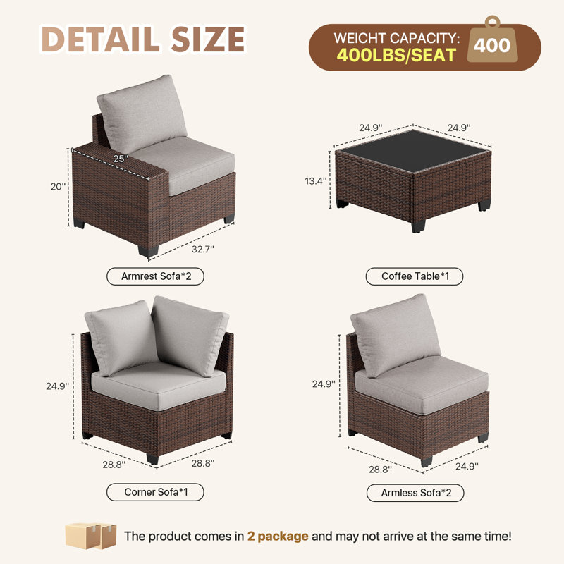 6 Pieces Outdoor Patio Furniture Set, With Cushions And Glass Coffee Table, Pe Rattan Outdoor Wicker Sectional Furniture Sofa Set