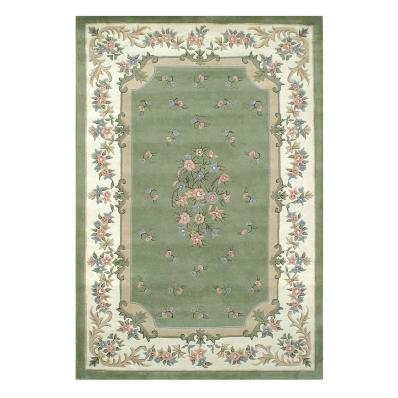 Tapis floral en laine touffeté à la main sauge / ivoire, Ovale 4 pi x 6 pi