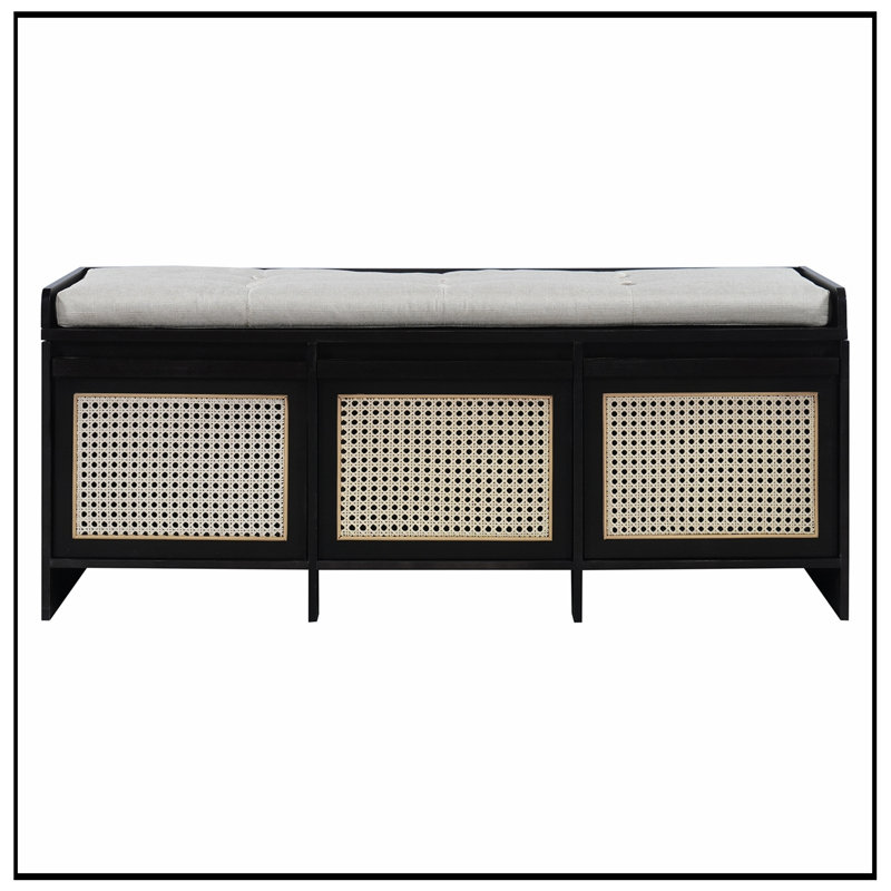 Banc de rangement avec tiroirs en rotin et bouton amovible, Noir