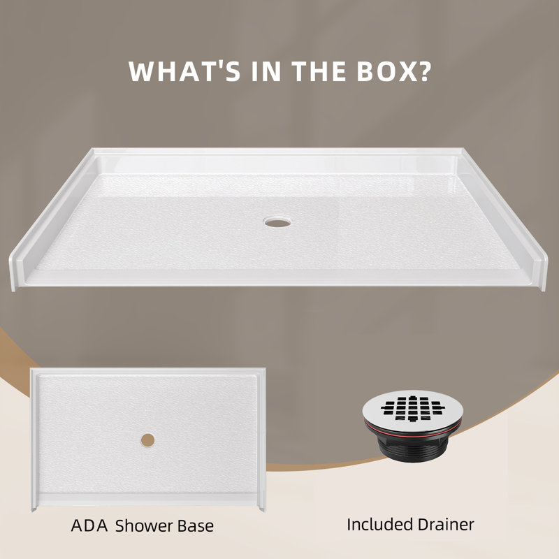60'' W X 36'' D ADA Acrylic Alcove Shower Pan Single Threshold Handicapped Shower Base Rectangular White Shower Tray with Center Drain & Non-Slip Design