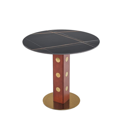 33.5" Sintered Stone Modern 2 - Person Kitchen Table With Wooden Leg And Gold Base, Ideal For Tea Gatherings, Stain Round Structure, 150Lbs Support