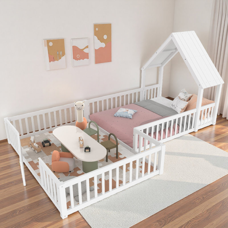 Lit House House avec porte et garde-corps pleine longueur, Double, Blanc