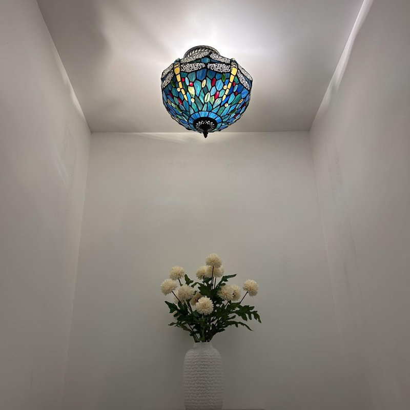 Plafonnier en verre coloré Tiffany avec ampoules DEL incluses: l 12 po x P 12 po x H 12 po, Vert / bleu