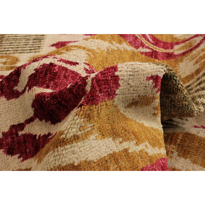 Tapis unique jaune / rose en laine noué à la main style Mogul des années 2010 4 pi x 6 pi 3 po Kao