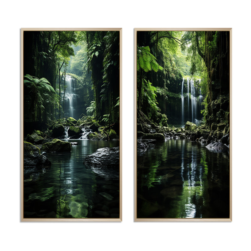 «Waterfall Hidden Oasis Forest», 2 pièces sur toile, Encadrement brun, H 24 po x l 20 po