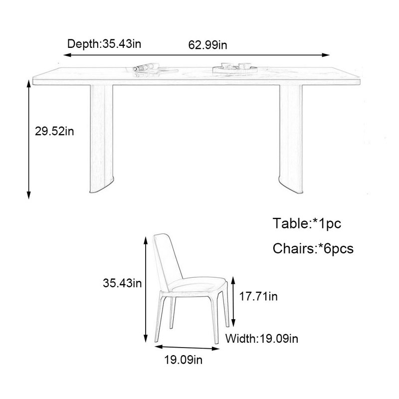Ensemble de table de salle à manger en bois massif et en pierre frittée, H 29,52 po x L 62,99 po x l 35,43 po