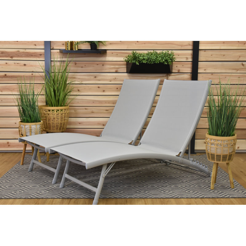 Vivere Stackable Aluminum Clearwater Lounger Set with Premium Phifertex Fabric (265 lb Capacity), River Pebble