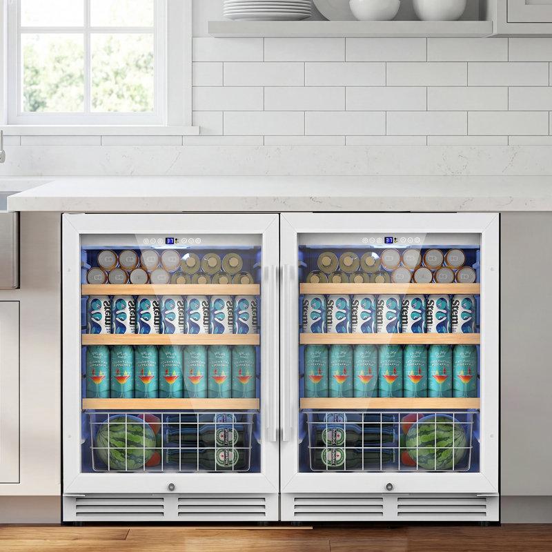 48" Beverage Refrigerator 440 Can Dual Zone Built-in Split Beer Cooler with Four Handles, White