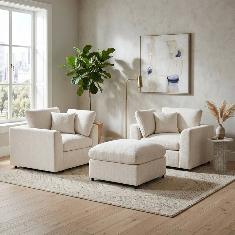 2 Chenille Sofa with Ottoman (Beige)
