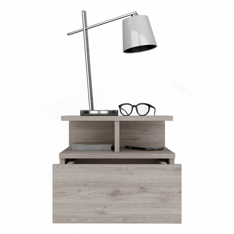 Table de chevet flottante avec tiroir et tablettes de rangement ouvertes, Gris