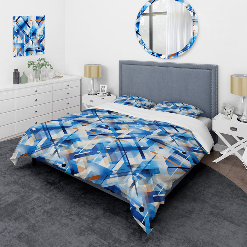 Ensemble de housse de couette à motif géométrique bleu et blanc cobalt II, Housse de couette pour très grand lit et 2 très
