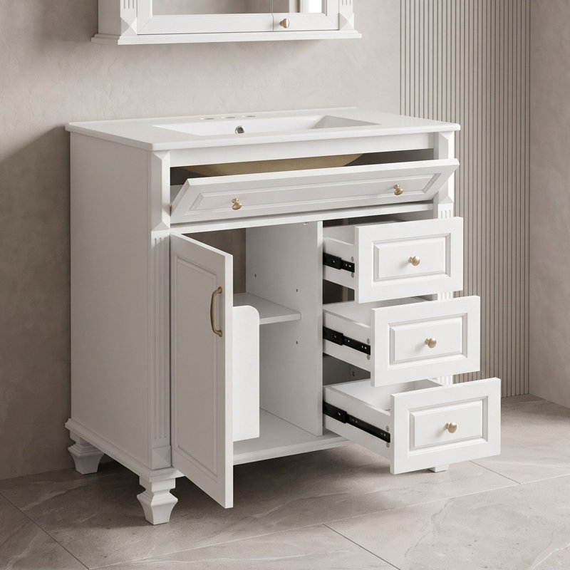 Meuble-lavabo de salle de bain avec comptoir en céramique, 3 tiroirs de rangement, tablette réglable et supports de porte