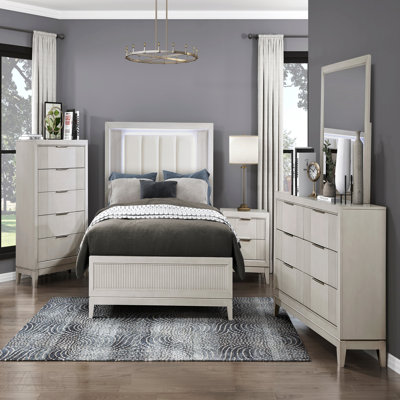 Commode 1 pièce à finition blanche antique avec 6 tiroirs, meubles de chambre à coucher modernes, façades en roseaux
