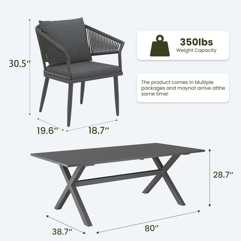 Rectangular Outdoor Dining Set With Cushions, Dark Grey/Grey, 10