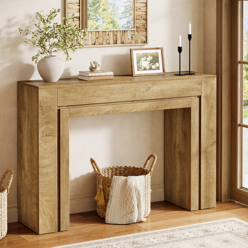 41.3'' Farmhouse Console Table, Rectangular Entryway Table with Double Base, Light Brown