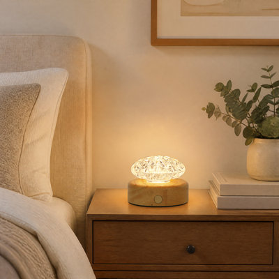 Lampe de table ronde moderne avec abat-jour en cristal, fini bois naturel pour bureau (paquet de 2)