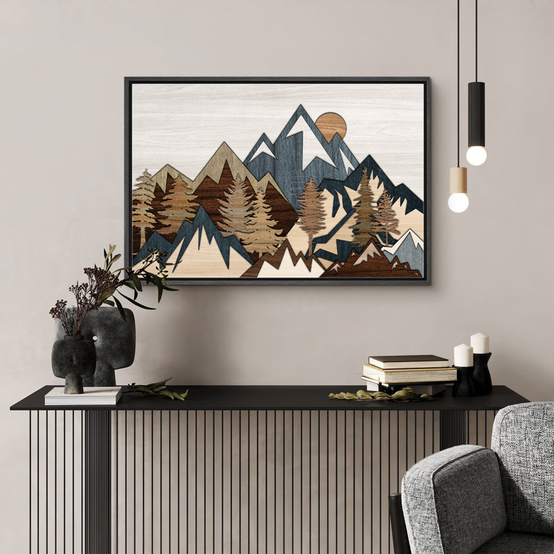 Western Wood Effect Landscape 3D Sun Mountain Range Forest Nature Modern Framed On Canvas Picture Print Wall Art