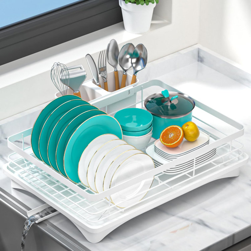 Égouttoir à vaisselle compact avec bec rotatif, porte-ustensiles et égouttoir - peu encombrant et antirouille pour les petites cuisines