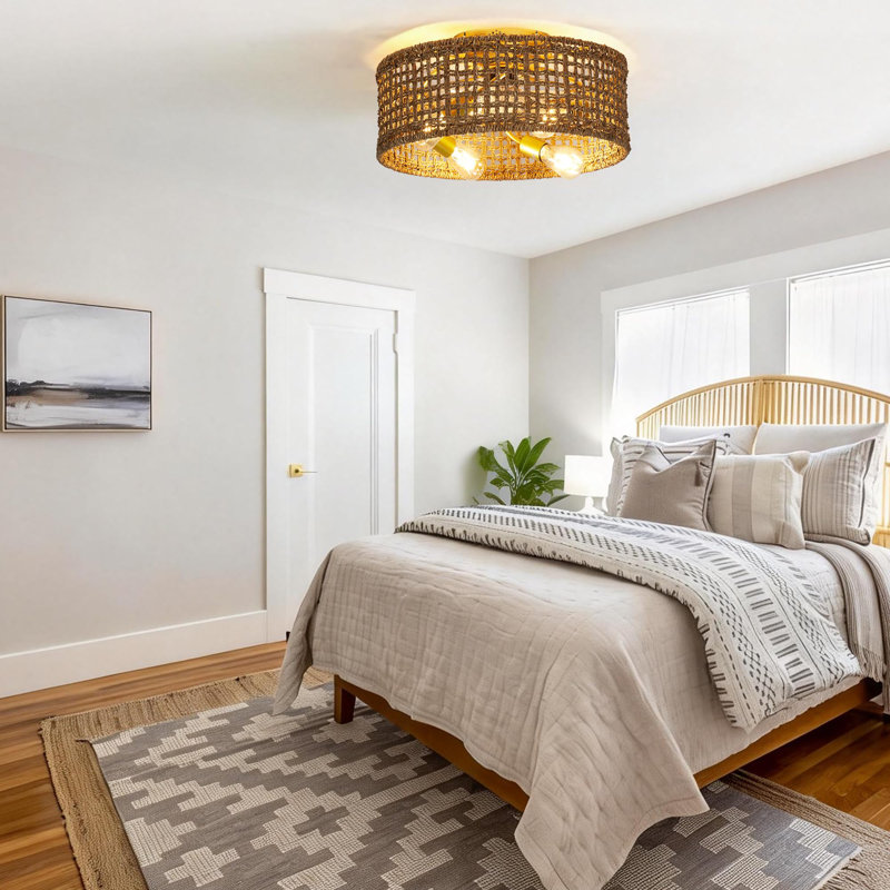 Ventilateurs de plafond en rotin 20 po avec lumières, ventilateur de plafond en cage avec éclairage et télécommande, plafonnier encastré à profil bas, réversible 6 vitesses, tissé à la main, base E26, pour chambre à coucher, salon