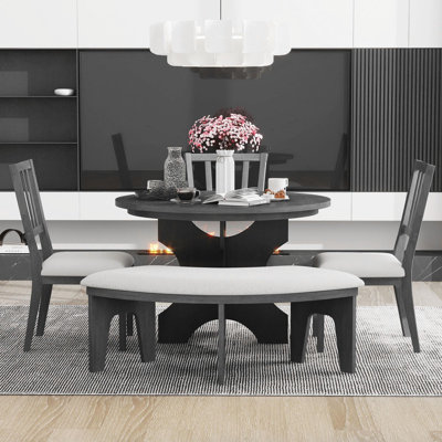 Ensemble de table de salle à manger ronde, ensemble de salle à manger rustique 5 pièces avec 3 chaises rembourrées et banc incurvé pour la salle à manger, la cuisine et le salon (gris)