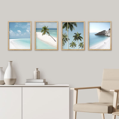 " Framed Ocean Sea Horizon Tropical Palm Tree Set Of 4 Coastal Beach Landscape Wall Decor Prints " 4 - Pieces