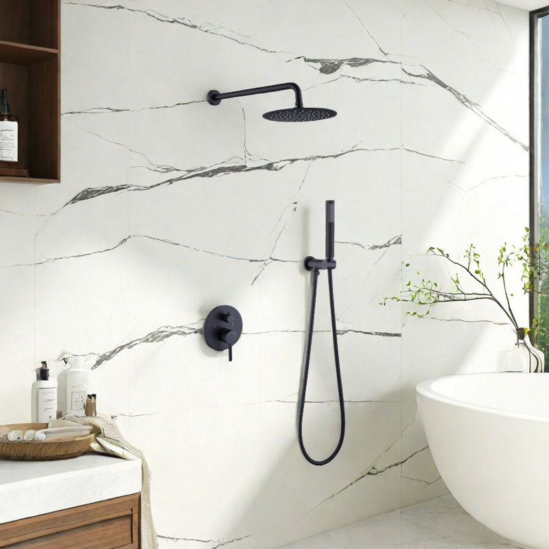 Système de douche mural complet avec valve brute, Noir mat
