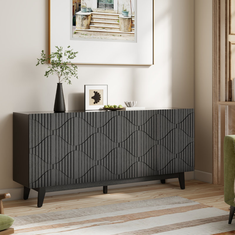 Buffet de 65 po de largeur avec pieds en bois massif, Noir