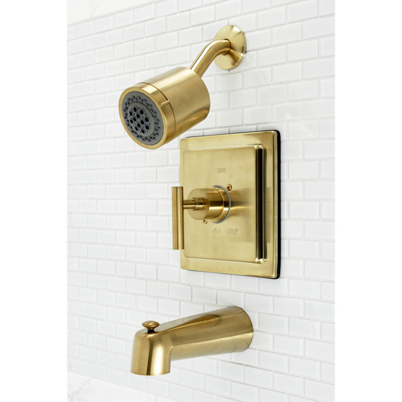 Manhattan Volume Control Tub and Shower Faucet with Single Lever Handle, Brushed Brass