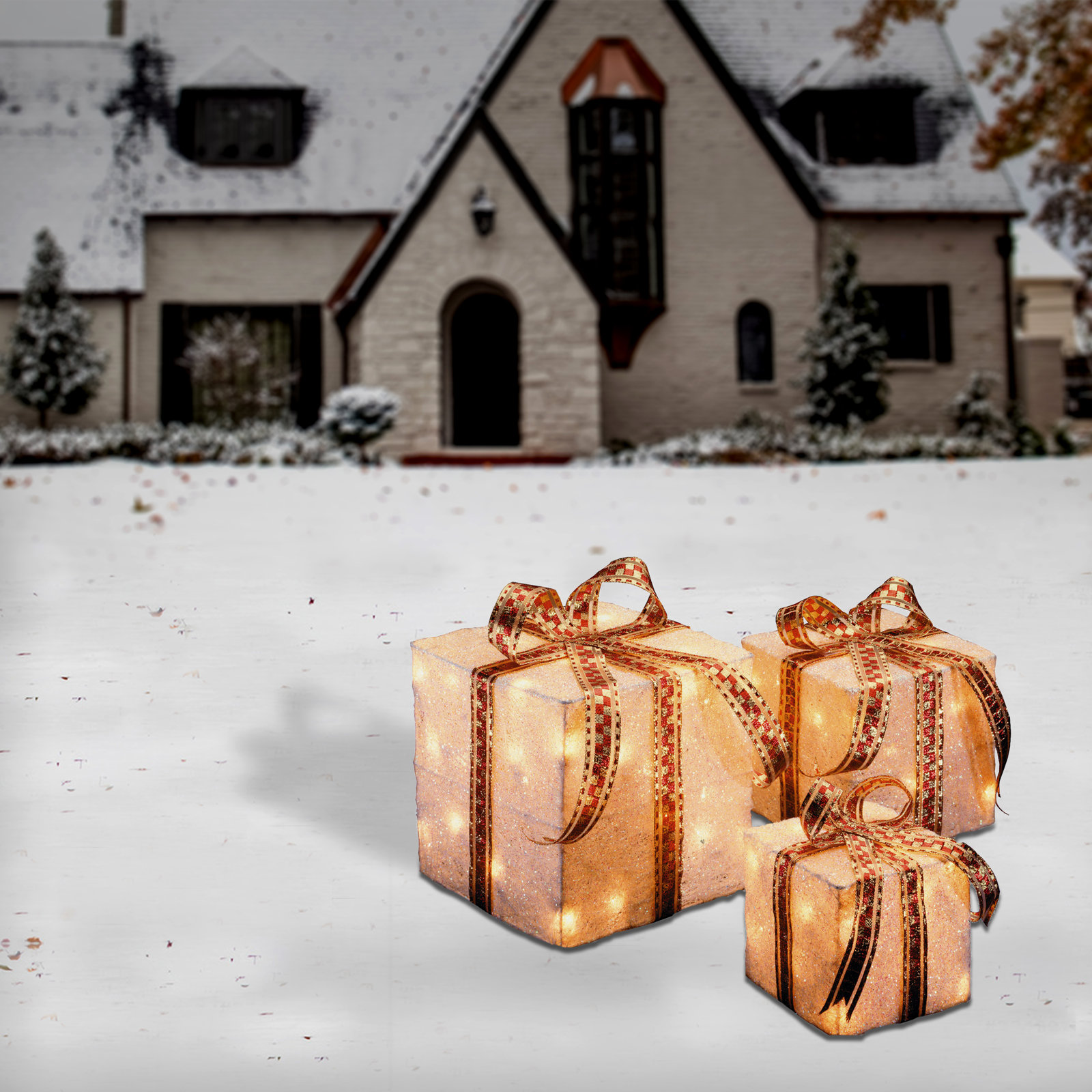 Pre-Lit Sisal Gift Box Set, White with Gold Bows, 10.6" H x 10" W x 10" D