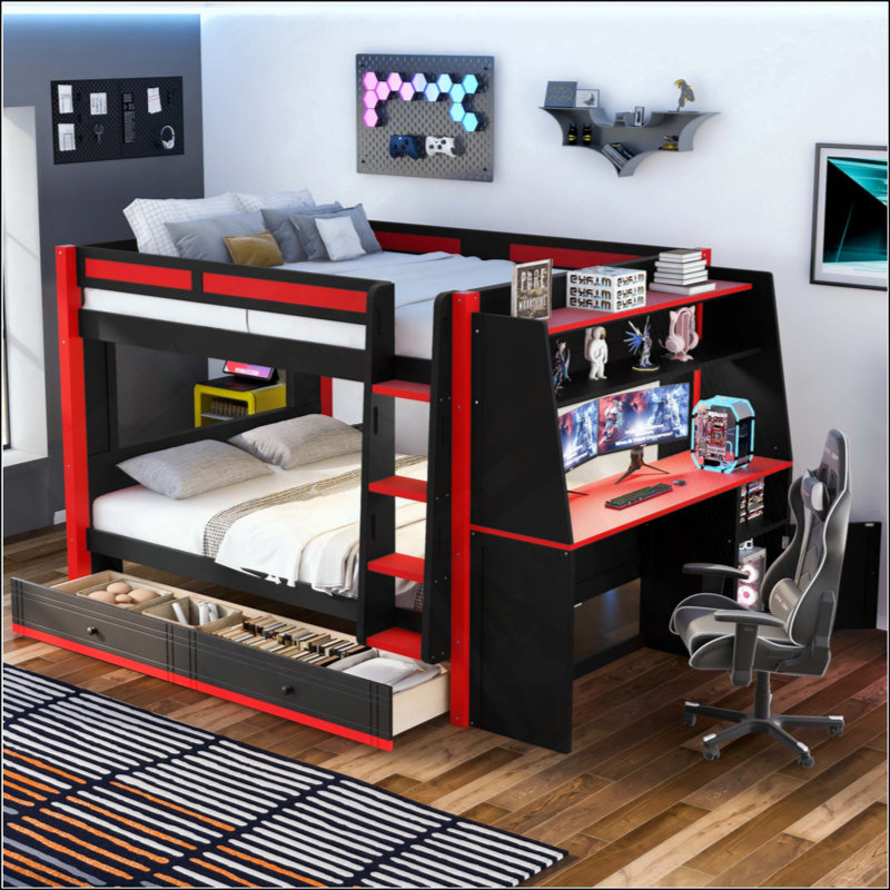Lit superposé multifonctionnel avec lumière DEL, bureau et étagères, tiroirs, Tiroirs