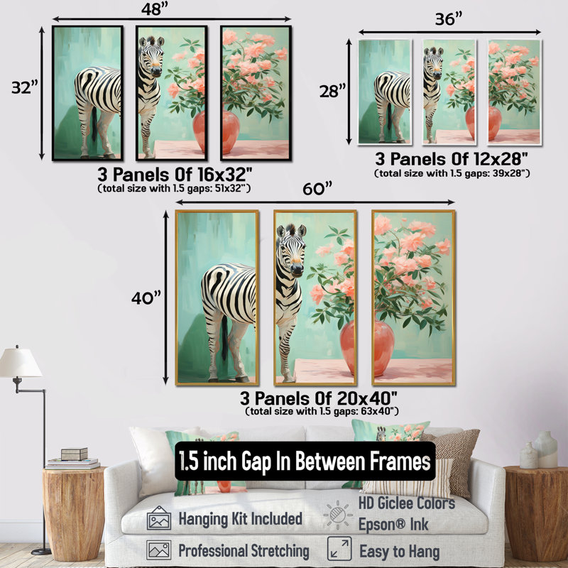 Rose et vert floral zèbre IV - Art mural animal zèbre, Cadre flottant noir, H 28 po x l 36 po