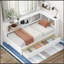 Lit de jour simple avec deux tiroirs de rangement, armoires de rangement et ports USB, blanc