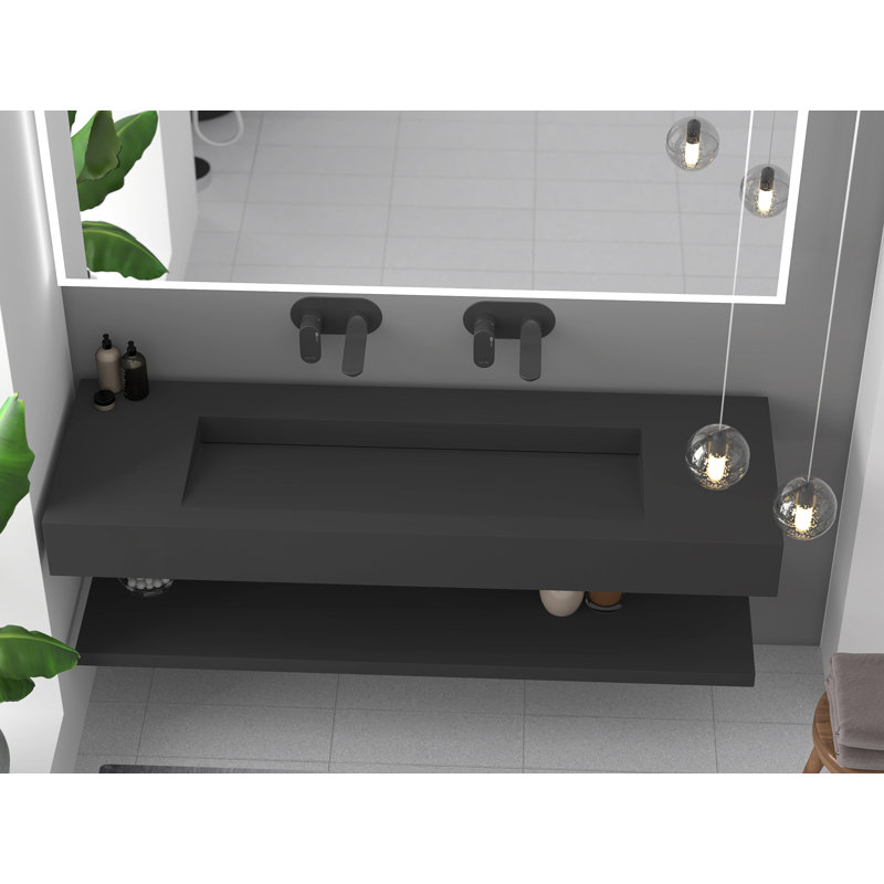 Lavabo de salle de bain mural rectangulaire 60 po Pyramid à surface solide en finition matte - noir, sans trous de robinet