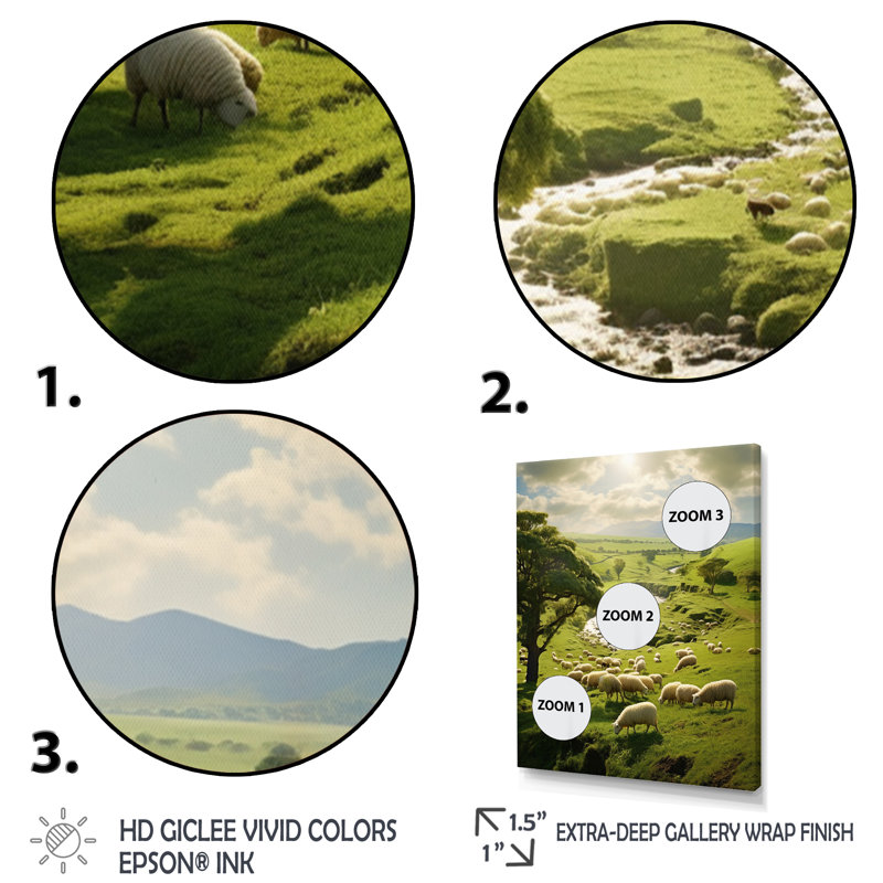 «Pastoral Bliss Sheep Landscape I», reproduction d'art sur toile, H 20 po x l 12 po x P 1 po, Cadre photo argenté