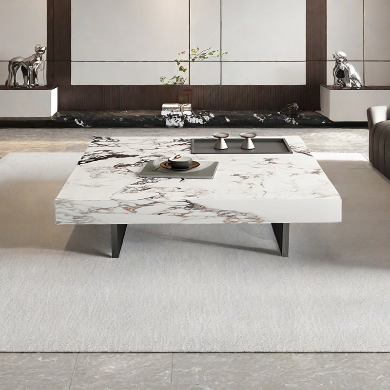Modern simple square rock plate coffee table, 11.8" H x 39.4" L x 39.4" W