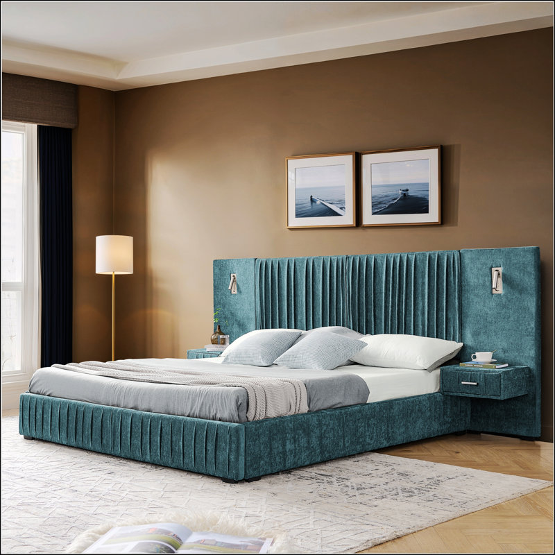 Structure de lit tapissier grand avec tissu chenille, Grand lit, Bleu-vert