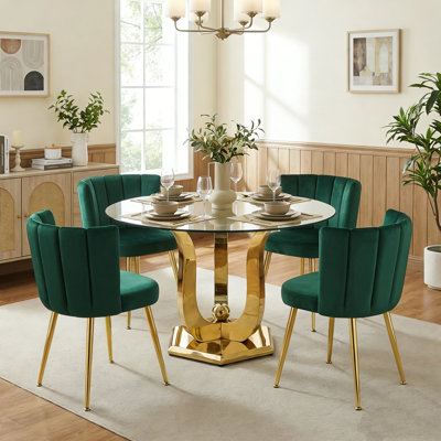 Ensemble de table de salle à manger de 47,2 po pour 4, ensemble de salle à manger moderne de 5 pièces avec table en verre trempé et chaises en velours, pour petite salle à manger
