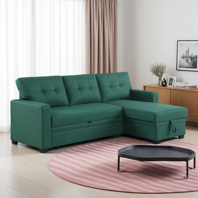 Convertible Upholstered Sectional Sofa With Pull-Out Chaise, Green