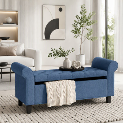 Banc de rangement avec repose-pieds de 47 po, repose-pieds long capitonné avec coffre de rangement, accoudoirs roulés, charnière de sécurité, pieds en bois, banc de bout rembourré