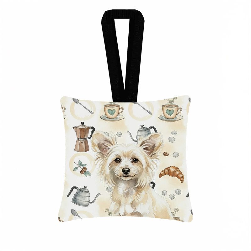 Ornement carré suspendu en tissu de bar à café chinois à motif huppé 3,5 × 3,5, Chinese Crested Powderpuff